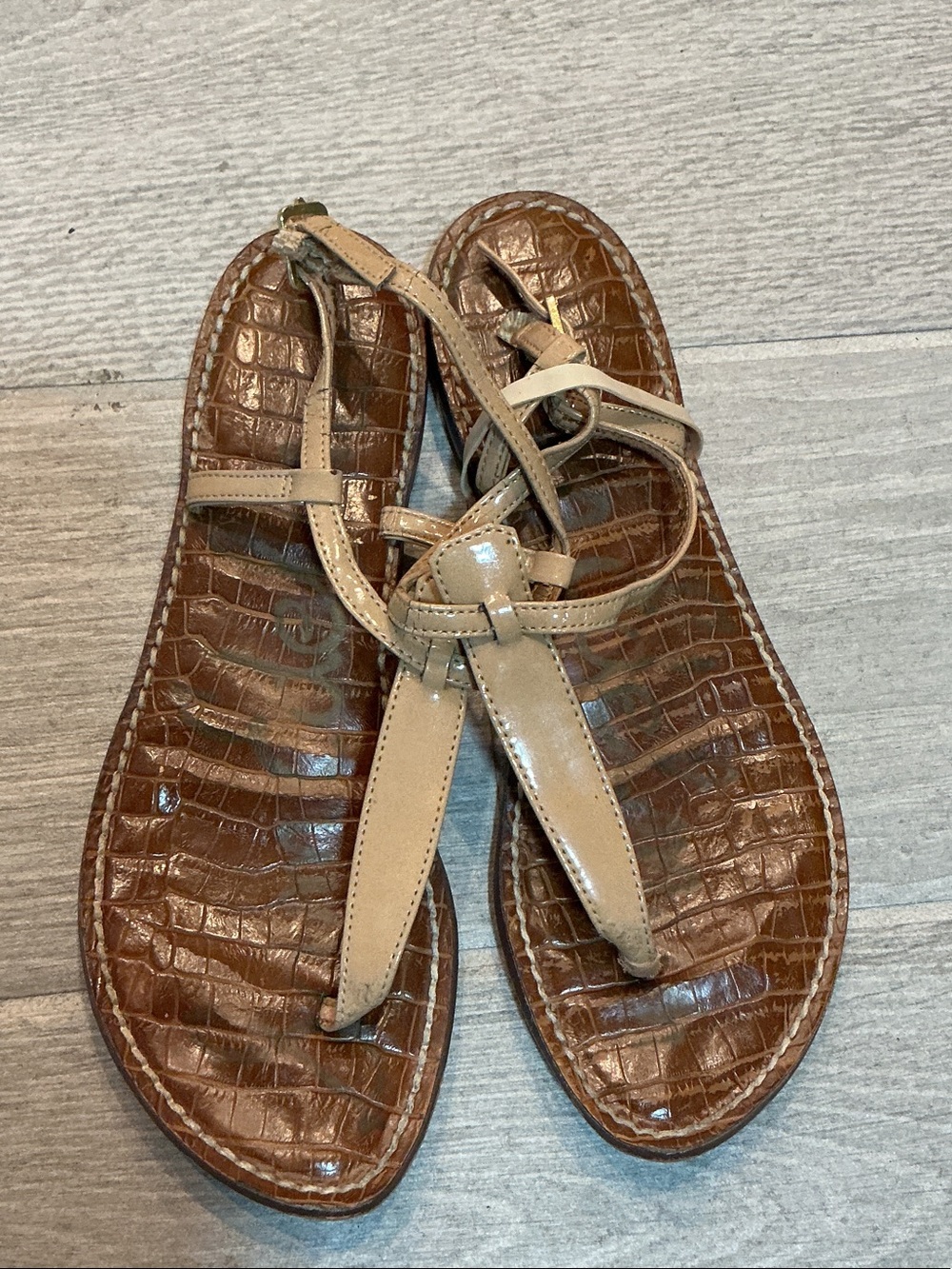 Sam Edelman Gigi Brown Croc-Embossed Leather T-Strap Sandals with Tan Straps